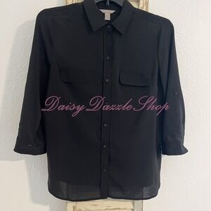 White Stag Women's Blouse Size L 14-16 Black Button Front 3/4 Sleeves Collared